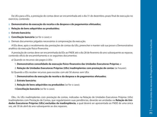 Da UEx para a EEx, a prestação de contas deve ser encaminhada até o dia 31 de dezembro, prazo final de execução no
exercício, contendo:

:: Demonstrativo da execução da receita e da despesa e de pagamentos efetuados;
:: Relação de bens adquiridos ou produzidos;
:: Extrato bancário;
:: Conciliação bancária (se for o caso); e




                                                                                                                       Prestando contas dos recursos do Programa Dinheiro Direto na Escola
:: Demais documentos julgados necessários à comprovação da execução.
  A EEx deve, após o recebimento das prestações de contas da UEx, preencher e manter sob sua posse o Demonstrativo
analítico da execução físico-financeira.
  A prestação de contas deve ser encaminhada da EEx ao FNDE até o dia 28 de fevereiro do ano subsequente ao repasse,
contendo ofício de encaminhamento e os seguintes documentos:
  a) Quando os recursos são pagos à UEx:
     1. Demonstrativo consolidado da execução físico-financeira das Unidades Executoras Próprias; e
     2. Relação de Unidades Executoras Próprias (UEx) inadimplentes com prestação de contas (se houver).
  b) Quando a EEx receber recursos para escolas com até 50 alunos sem UEx:
     1. Demonstrativo da execução da receita e da despesa e de pagamentos efetuados;
     2. Extrato bancário;
     3. Relação de bens adquiridos ou produzidos (se for o caso);
     4.Conciliação bancária (se for o caso).


   Obs.: As UEx inadimplentes com prestação de contas, indicadas na Relação de Unidades Executoras Próprias (UEx)
Inadimplentes com Prestação de Contas, que regularizarem suas pendências, deverão ser arroladas na Relação de Uni-
dades Executoras Próprias (UEx) excluídas da inadimplência, a qual deverá ser apresentada ao FNDE de uma única
vez, até 30 de abril do ano subsequente ao dos repasses.

                                                                                                                       71
 