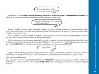 Como se sabia desse saldo?


  Consultando o campo saldo do Demonstrativo da execução da receita, da despesa e de pagamentos efetuados da
prestação de contas do exercício anterior, que no atual formulário é o campo nº 08.

                                             Mas como distinguir se é recurso de
                                             custeio ou de capital?




                                                                                                                                  Prestando contas dos recursos do Programa Dinheiro Direto na Escola
  Quando a Unidade Executora Própria elabora sua prestação de contas, informa as despesas em custeio e capital, ou seja,
pega os valores de custeio e de capital que recebeu e subtrai das despesas, também de custeio e de capital, obtendo o saldo
em cada categoria econômica.
   2) A UEx recebeu, no exercício de 2009, R$ 9.320,00 e utilizou os recursos assim que eles foram creditados pelo banco. Por
isso, não foram contabilizados rendimentos de aplicações financeiras.
  3) É importante registrar que a despesa realizada (R$ 9.824,48) foi superior aos recursos disponibilizados pelo PDDE. Antes
de adquirir o piano eletrônico, a escola já havia gasto R$ 7.824,48 e só lhe restavam R$ 1.515,52. Então, para comprar o piano,
que custava R$ 2.000,00, seria necessária uma complementação com recursos próprios de R$ 484,48.

                                                        O que fazer?


  Simples. A diferença foi paga com recursos próprios da escola, vindos de outras fontes, como doações, bingos e similares.
Na elaboração da prestação de contas, o caixa escolar se justifica, no exemplo de nossa simulação, da seguinte forma:
valor das compras R$ 9.824,48;
Valor das compras: R$ 9.824,48; menos R$ 9.340,00 (sendo R$ 9.320,00 correspondentes ao repasse do PDDE em 2009 e R$
20,00 relativos a saldo de exercícios anteriores); igual a R$ 484,48, que é a diferença que a UEx pagou com recursos próprios
da escola.



                                                                                                                                  85
 