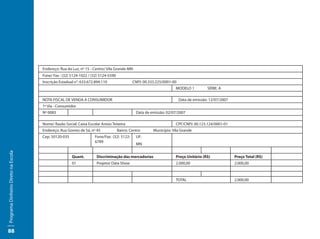 Endereço: Rua da Luz, nº 15 - Centro/ Vila Grande-MN
                                     Fone/ Fax : (32) 5124-1022 / (32) 5124-5590
                                     Inscrição Estadual n°: 633.672.894.110                 CNPJ: 00.333.225/0001-00
                                                                                                                   MODELO 1           SÉRIE: A

                                     NOTA FISCAL DE VENDA A CONSUMIDOR                                                 Data de emissão: 12/07/2007
                                     1ª Via - Consumidor
                                     Nº 0083                                                  Data de emissão: 02/07/2007

                                     Nome/ Razão Social: Caixa Escolar Anísio Teixeira                             CPF/CNPJ: 00.123.124/0001-01
                                     Endereço: Rua Gomes de Sá, nº 45              Bairro: Centro      Município: Vila Grande
                                     Cep: 50120-035                 Fone/Fax: (32) 5122-      UF:
                                                                    6789
                                                                                              MN
Programa Dinheiro Direto na Escola




                                                      Quant.         Discriminação das mercadorias                 Preço Unitário (R$)               Preço Total (R$)
                                                      01             Projetor Data Show                            2.000,00                          2.000,00



                                                                                                                   TOTAL                             2.000,00




88
 