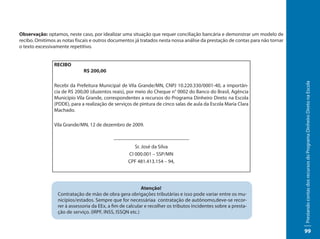 Observação: optamos, neste caso, por idealizar uma situação que requer conciliação bancária e demonstrar um modelo de
recibo. Omitimos as notas fiscais e outros documentos já tratados nesta nossa análise da prestação de contas para não tornar
o texto excessivamente repetitivo.


                RECIBO
                              R$ 200,00




                                                                                                                               Prestando contas dos recursos do Programa Dinheiro Direto na Escola
                Recebi da Prefeitura Municipal de Vila Grande/MN, CNPJ 10.220.330/0001-40, a importân-
                cia de R$ 200,00 (duzentos reais), por meio do Cheque n° 0002 do Banco do Brasil, Agência
                Município Vila Grande, correspondentes a recursos do Programa Dinheiro Direto na Escola
                (PDDE), para a realização de serviços de pintura de cinco salas de aula da Escola Maria Clara
                Machado.

                Vila Grande/MN, 12 de dezembro de 2009.

                                             ------------------------------------------------
                                                           Sr. José da Silva
                                                       CI 000.001 – SSP/MN
                                                      CPF 481.413.154 – 94,




                                                           Atenção!
                  Contratação de mão de obra gera obrigações tributárias e isso pode variar entre os mu-
                  nicípios/estados. Sempre que for necessáriaa contratação de autônomo,deve-se recor-
                  rer à assessoria da EEx, a fim de calcular e recolher os tributos incidentes sobre a presta-
                  ção de serviço. (IRPF, INSS, ISSQN etc.)


                                                                                                                               99
 