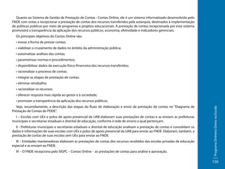 Quanto ao Sistema de Gestão de Prestação de Contas - Contas Online, ele é um sistema informatizado desenvolvido pelo
FNDE com vistas a recepcionar a prestação de contas dos recursos transferidos pela autarquia, destinados à implementação
de políticas públicas por meio de programas e projetos educacionais. A prestação de contas recepcionada por esse sistema
promoverá a transparência da aplicação dos recursos públicos, economia, efetividade e indicadores gerenciais.
Os principais objetivos do Contas Online são:
• inovar a forma de prestar contas;
• viabilizar o cruzamento de dados no âmbito da administração pública;
• automatizar análises das contas;
• parametrizar normas e procedimentos;
• disponibilizar dados da execução físico-financeira dos recursos transferidos;
• racionalizar o processo de contas;
• integrar as etapas de prestação de contas;
• eliminar retrabalho;
• racionalizar os recursos;
• oferecer resposta mais rápida ao gestor e à sociedade;
Veja, resumidamente, a descrição das etapas do fluxo de elaboração e envio da prestação de contas no “Diagrama de
Prestação de Contas do PDDE”.
I – Escolas com UEx e polos de apoio presencial da UAB elaboram suas prestações de contas e as enviam as prefeituras
municipais e secretarias estaduais e distrital de educação, conforme à rede de ensino a qual pertençam.
II - Prefeituras municipais e secretarias estaduais e distrital de educação analisam a prestação de contas e consolidam os
dados e informações de suas escolas com UEx e polos de apoio presencial da UAB para enviar ao FNDE. Elaboram, também, a
prestação de contas de suas escolas sem UEx para enviar ao FNDE.
III – Entidades mantenedoras elaboram as prestações de contas dos recursos recebidos das escolas privadas de educação
especial e as enviam ao FNDE.
IV – O FNDE recepciona pelo SIGPC – Contas Online - as prestações de contas para análise e aprovação.

Programa Dinheiro Direto na Escola

• promover a transparência da aplicação dos recursos públicos.

150

 