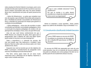 :: Ações de infraestrutura – as ações que compõem esse
eixo são aquelas cujas atividades financiadas pelo programa
têm a finalidade de atender necessidades de infraestrutura
física, a exemplo da construção de rampas para garantir as
condições de acessibilidade;.
:: Ações pedagógicas – nesse eixo são reunidas as ações
constituídas que atendem necessidades pedagógicas, como
a construção da proposta pedagógica da escola e de seu
planejamento estratégico, frutos, esses, da ação PDE Escola.
Uma vez que você tomou conhecimento de que o
PDDE financia um conjunto de ações, deve agora está se
perguntando, qual o objetivo de cada uma delas? Quem
pode receber os recursos e em que empregá-los?
Dada a importância e a extensão do assunto, ele
não será tratado aqui. Nós dedicamos a Unidade V para
falarmos falarmos sobre cada uma dessas ações com maior
detalhamento. Até lá.
Enquanto isso, você se recorda que um dos objetivos do
PDDE é promover o fortalecimento da autogestão como
meio de consolidação da escola democrática?
Pois bem, vamos agora tratar de um tema muito
importante para a efetivação de tal objetivo. Falaremos a
seguir sobre unidade executora.

O que é uma unidade executora? Como
classificá-las?
Por que as escolas e os polos devem
providenciar a criação de unidade executora?
Como ocorre sua organização?

Vamos às respostas a essas questões... Antes, porém,
pegue seu caderno de atividades e faça as atividades 1 e 2.

1.3. Conceituando e classificando Unidade Executora
Como o FNDE repassa os recursos do PDDE?
Os prefeitos ou secretários de educação têm
de ir a Brasília (DF) para buscar, no FNDE, os
recursos?

Os recursos do PDDE são repassados por meio de uma
conta bancária, mas, em se tratando de recursos públicos,
não pode ser utilizada uma conta qualquer. Ela deve ser específica para fins do recebimento desses recursos.

Programa Dinheiro Direto na Escola

redes estadual, do Distrito Federal e municipais, assim como
privadas de educação especial sem fins lucrativos e que seus
alunos estejam recenseados pelo Inep. Faz parte também
desse eixo o atendimento aos polos de apoio presencial da
UAB.;

26

 