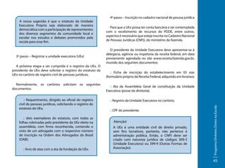 3º passo – Registrar a unidade executora (UEx)
A próxima etapa a ser cumprida é o registro da UEx. O
presidente da UEx deve solicitar o registro do estatuto da
UEx no cartório de registro civil de pessoas jurídicas.
Normalmente, os cartórios solicitam os seguintes
documentos:
:: Requerimento, dirigido ao oficial do registro
civil de pessoas jurídicas, solicitando o registro do
estatuto da UEx;
:: dois exemplares do estatuto, com todas as
folhas rubricadas pelo presidente da UEx eleito na
assembleia, com firma reconhecida, contendo o
visto de um advogado com o respectivo número
de inscrição na Ordem dos Advogados do Brasil
(OAB);
:: livro de atas com a ata da fundação da UEx.

4º passo – Inscrição no cadastro nacional de pessoa jurídica
Para que a UEx possa ter conta bancária e ser contemplada
com o recebimento de recursos do PDDE, entre outros,
aspectos é necessário que esteja inscrita no Cadastro Nacional
de Pessoas Jurídicas (CNPJ), do ministério da fazenda.
O presidente da Unidade Executora deve apresentar-se à
delegacia, agência ou inspetoria da receita federal, em data
previamente agendada no site www.receita.fazenda.gov.br,
munido dos seguintes documentos:
:: Ficha de inscrição do estabelecimento em 03 vias
(formulário próprio da Receita Federal, adquirido em livrarias);
:: Ata da Assembleia Geral de constituição da Unidade
Executora (posse da diretoria);
:: Registro da Unidade Executora no cartório;
:: CPF do presidente.
Atenção!
A UEx é uma entidade civil de direito privado,
sem fins lucrativos, portanto, não pertence à
administração pública. Então, o CNPJ deve ser
criado com natureza jurídica de códigos 309-3
(Unidade Executora) ou 399-9 (Outras Formas de
Associação).

Programa Dinheiro Direto na Escola

A nossa sugestão é que o estatuto da Unidade
Executora Própria seja elaborado de maneira
democrática com a participação de representantes
dos diversos segmentos da comunidade local e
escolar nos estudos e debates promovidos pela
escola para esse fim.

45

 