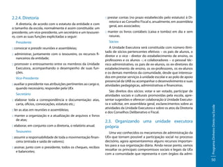 A diretoria, de acordo com o estatuto da entidade e com
o tamanho da escola, normalmente é assim constituída: um
presidente, um vice-presidente, um secretário e um tesoureiro, com as suas funções explicitadas a seguir:
Presidente
:: convocar e presidir reuniões e assembleias;
:: administrar, juntamente com o tesoureiro, os recursos financeiros da entidade;
:: promover o entrosamento entre os membros da Unidade
Executora, acompanhando o desempenho de suas funções.
Vice-Presidente
:: auxiliar o presidente nas atribuições pertinentes ao cargo e,
quando necessário, responder pela UEx
Secretário
:: elaborar toda a correspondência e documentação: atas,
carta, ofícios, convocações, estatuto etc.;
:: ler as atas em reuniões e assembleias;
:: manter a organização e a atualização de arquivos e livros
de atas;
:: elaborar, em conjunto com a diretoria, o relatório anual.
Tesoureiro
:: assumir a responsabilidade de toda a movimentação financeira (entrada e saída de valores);
:: assinar, junto com o presidente, todos os cheques, recibos
e balancetes;

:: prestar contas (no prazo estabelecido pelo estatuto) à Diretoria e ao Conselho Fiscal e, anualmente, em assembleia
geral, aos associados;
:: manter os livros contábeis (caixa e tombo) em dia e sem
rasuras.
Sócios
A Unidade Executora será constituída com número ilimitado de sócios pertencentes efetivos – os pais de alunos, o
diretor e o vice - diretor do estabelecimento de ensino, os
professores e os alunos –; e colaboradores – o pessoal técnico administrativo, os pais de ex-alunos, os ex-diretores do
estabelecimento de ensino, os ex-professores, os ex-alunos
e os demais membros da comunidade, desde que interessados em prestar serviços à unidade escolar e ao polo de apoio
presencial da UAB ou acompanhar o desenvolvimento e suas
atividades pedagógicas, administrativas e financeiras.
São direitos dos sócios: votar e ser votado, participar de
atividades sociais e culturais promovidas pela escola, apresentar sugestões e oferecer colaboração à Unidade Executora e solicitar, em assembleia geral, esclarecimentos sobre as
atividades da Unidade Executora e sobre os atos da Diretoria
e dos Conselhos Deliberativo e Fiscal.

2.3. Organizando uma unidade executora
própria
Uma vez conhecidos os mecanismos de administração da
UEx que tornam possível a participação social no processo
decisório, agora apresentaremos alguns recursos importantes para a sua organização diária. Ainda nesse ponto, vamos
ressaltar os principais compromissos sociais e legais da UEx
com a comunidade que representa e com órgãos da admi-

Programa Dinheiro Direto na Escola

2.2.4. Diretoria

50

 