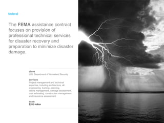 federal client U.S. Department of Homeland Security services Project management and technical expertise, including architecture, all engineering, training, planning, debris management, damage assessment, cost estimating, construction management, and insurance assessment scale $200 million The  FEMA  assistance contract focuses on provision of professional technical services for disaster recovery and preparation to minimize disaster damage.  