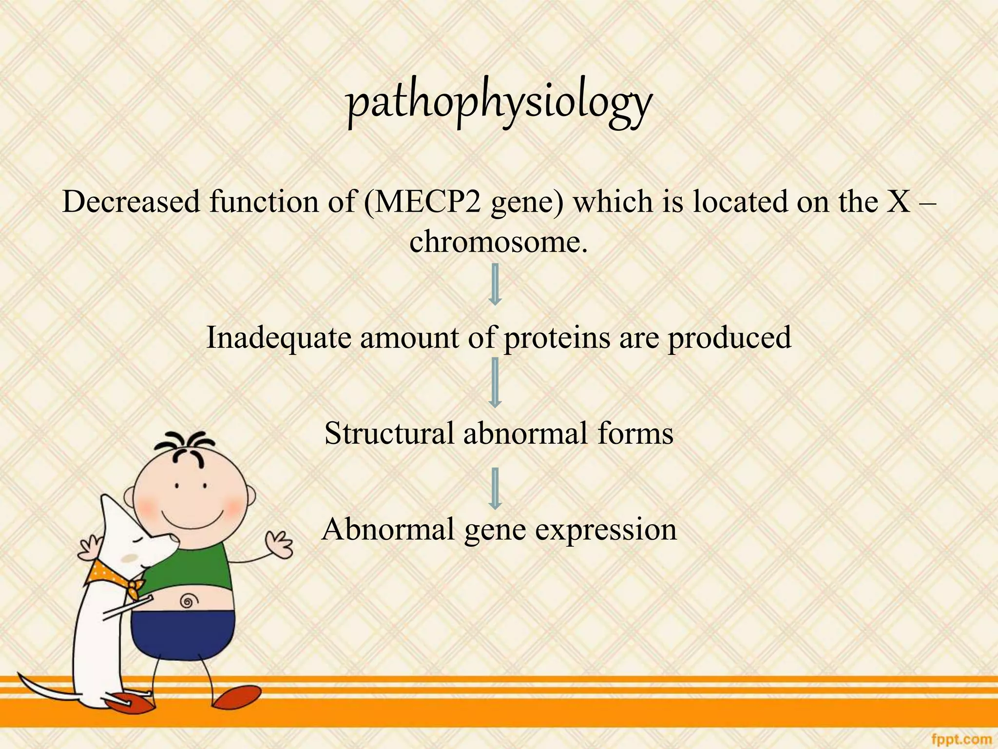 pathophysiology
Decreased function of (MECP2 gene) which is located on the X –
chromosome.
Inadequate amount of proteins are produced
Structural abnormal forms
Abnormal gene expression
 