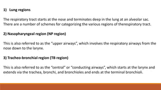 1) Lung regions
The respiratory tract starts at the nose and terminates deep in the lung at an alveolar sac.
There are a number of schemes for categorizing the various regions of therespiratory tract.
2) Nasopharyngeal region (NP region)
This is also referred to as the “upper airways”, which involves the respiratory airways from the
nose down to the larynx.
3) Tracheo-bronchial region (TB region)
This is also referred to as the “central” or “conducting airways”, which starts at the larynx and
extends via the trachea, bronchi, and bronchioles and ends at the terminal bronchioli.
 