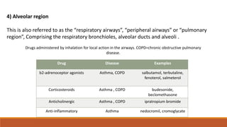 4) Alveolar region
This is also referred to as the “respiratory airways”, “peripheral airways” or “pulmonary
region”, Comprising the respiratory bronchioles, alveolar ducts and alveoli .
Drugs administered by inhalation for local action in the airways. COPD=chronic obstructive pulmonary
disease.
Drug Disease Examples
b2-adrenoceptor agonists Asthma, COPD salbutamol, terbutaline,
fenoterol, salmeterol
Corticosteroids Asthma , COPD budesonide,
beclomethasone
Anticholinergic Asthma , COPD ipratropium bromide
Anti-inflammatory Asthma nedocromil, cromoglycate
 