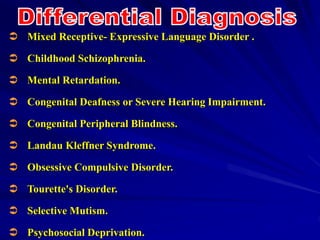  Mixed Receptive- Expressive Language Disorder .
 Childhood Schizophrenia.
 Mental Retardation.
 Congenital Deafness or Severe Hearing Impairment.
 Congenital Peripheral Blindness.
 Landau Kleffner Syndrome.
 Obsessive Compulsive Disorder.
 Tourette's Disorder.
 Selective Mutism.
 Psychosocial Deprivation.
 