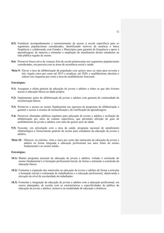 12



8.5) Fortalecer acompanhamento e monitoramento de acesso à escola específicos para os
     segmentos populacionais considerados, identificando motivos de ausência e baixa
     freqüência e colaborando com Estados e Municípios para garantia de frequência e apoio à
     aprendizagem, de maneira a estimular a ampliação do atendimento desses estudantes na
     rede pública regular de ensino.

8.6) Promover busca ativa de crianças fora da escola pertencentes aos segmentos populacionais
     considerados, em parceria com as áreas de assistência social e saúde.

Meta 9: Elevar a taxa de alfabetização da população com quinze anos ou mais para noventa e
        três vírgula cinco por cento até 2015 e erradicar, até 2020, o analfabetismo absoluto e
        reduzir em cinquenta por cento a taxa de analfabetismo funcional.

Estratégias:

9.1) Assegurar a oferta gratuita da educação de jovens e adultos a todos os que não tiveram
     acesso à educação básica na idade própria.

9.2) Implementar ações de alfabetização de jovens e adultos com garantia de continuidade da
     escolarização básica.

9.3) Promover o acesso ao ensino fundamental aos egressos de programas de alfabetização e
     garantir o acesso a exames de reclassificação e de certificação da aprendizagem.

9.4) Promover chamadas públicas regulares para educação de jovens e adultos e avaliação de
     alfabetização por meio de exames específicos, que permitam aferição do grau de
     analfabetismo de jovens e adultos com mais de quinze anos de idade.

9.5) Executar, em articulação com a área da saúde, programa nacional de atendimento
     oftalmológico e fornecimento gratuito de óculos para estudantes da educação de jovens e
     adultos.

Meta 10: Oferecer, no mínimo, vinte e cinco por cento das matrículas de educação de jovens e
         adultos na forma integrada à educação profissional nos anos finais do ensino
         fundamental e no ensino médio.

Estratégias:

10.1) Manter programa nacional de educação de jovens e adultos, voltado à conclusão do
      ensino fundamental e à formação profissional inicial, de forma a estimular a conclusão da
      educação básica.

10.2) Fomentar a expansão das matrículas na educação de jovens e adultos de forma a articular
      a formação inicial e continuada de trabalhadores e a educação profissional, objetivando a
      elevação do nível de escolaridade do trabalhador.

10.3) Fomentar a integração da educação de jovens e adultos com a educação profissional, em
      cursos planejados, de acordo com as características e especificidades do público da
      educação de jovens e adultos, inclusive na modalidade de educação a distância.
 