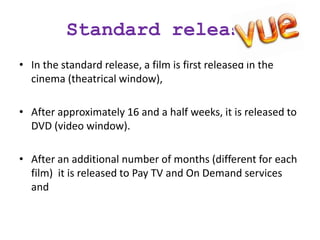 Standard release
• In the standard release, a film is first released in the
cinema (theatrical window),
• After approximately 16 and a half weeks, it is released to
DVD (video window).
• After an additional number of months (different for each
film) it is released to Pay TV and On Demand services
and
 