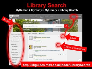 Library Search
MyUniHub > MyStudy > MyLibrary > Library Search
http://libguides.mdx.ac.uk/pdde/LibrarySearch
 