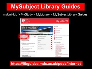 MySubject Library Guides
myUniHub > MyStudy > MyLibrary > MySubjectLibrary Guides
https://libguides.mdx.ac.uk/pdde/Internet
 