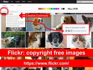 Flickr: copyright free images
All Creative Commons
https://www.flickr.com/
 