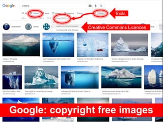 Google: copyright free images
Tools
Creative Commons Licences
 
