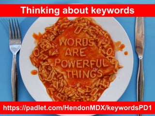 Thinking about keywords
https://padlet.com/HendonMDX/keywordsPD1
 