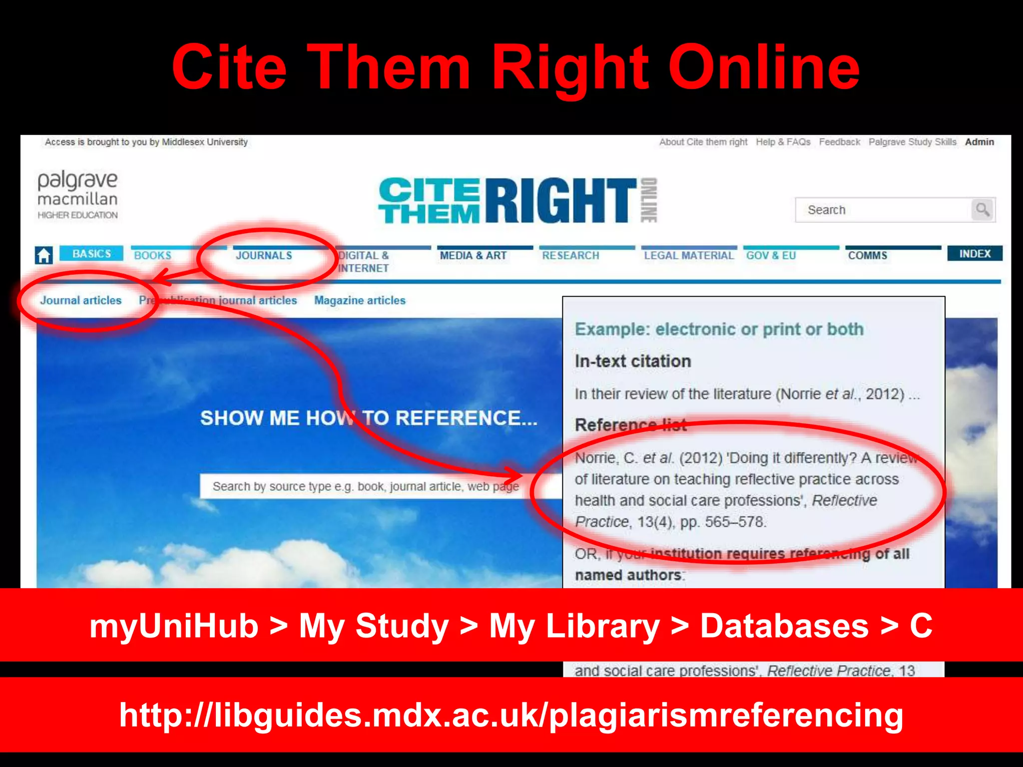 Cite Them Right Online
myUniHub > My Study > My Library > Databases > C
http://libguides.mdx.ac.uk/plagiarismreferencing
 