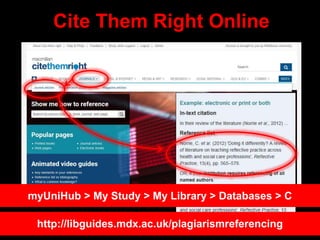 Cite Them Right Online
myUniHub > My Study > My Library > Databases > C
http://libguides.mdx.ac.uk/plagiarismreferencing
 