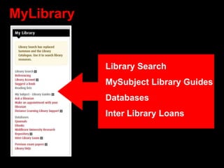 MyLibrary
Library Search
MySubject Library Guides
Databases
Inter Library Loans
 