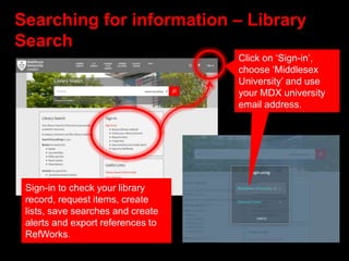 Searching for information – Library
Search
Click on ‘Sign-in’,
choose ‘Middlesex
University’ and use
your MDX university
e...