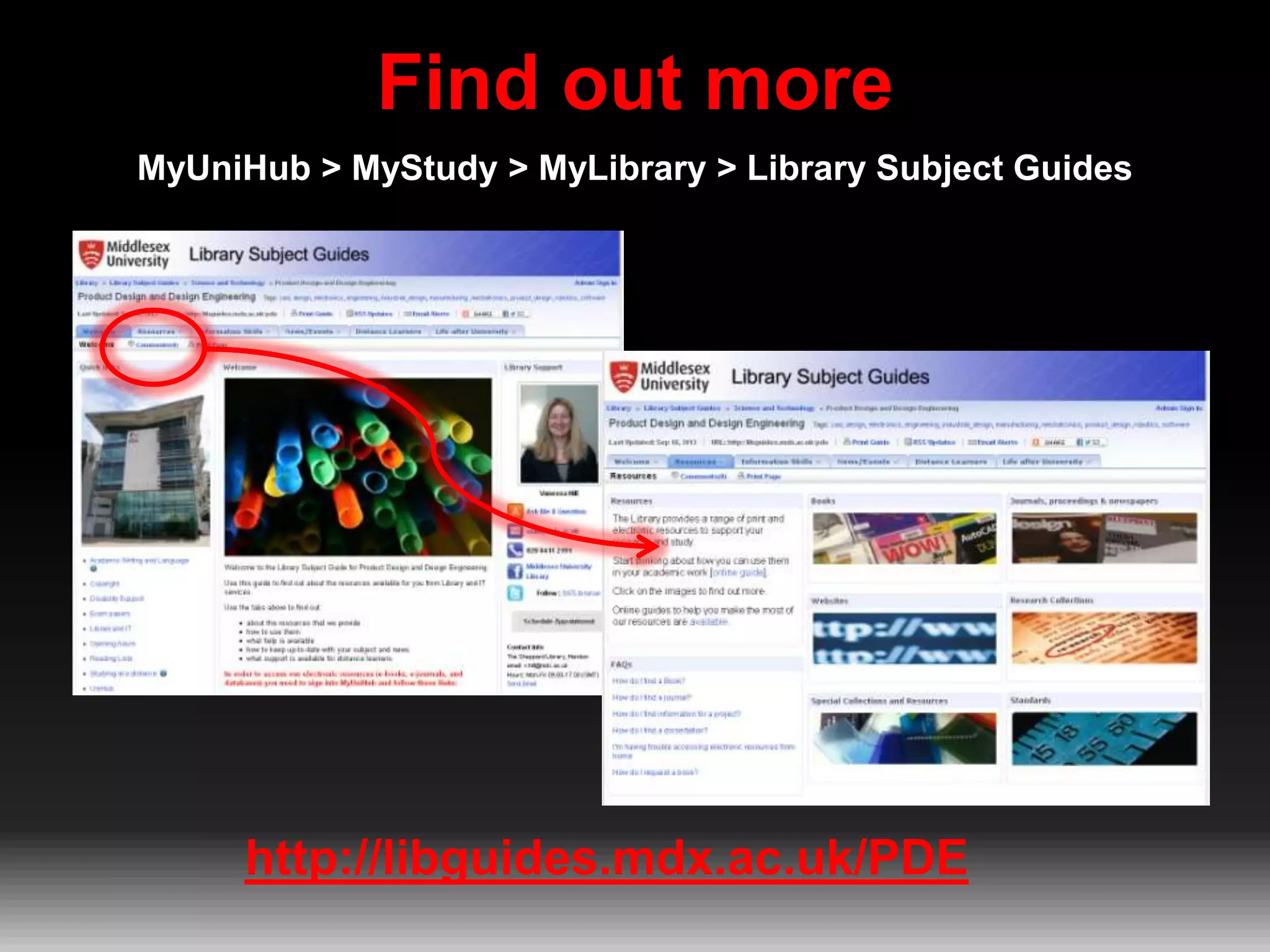 Find out more
MyUniHub > MyStudy > MyLibrary > Library Subject Guides

http://libguides.mdx.ac.uk/PDE

 