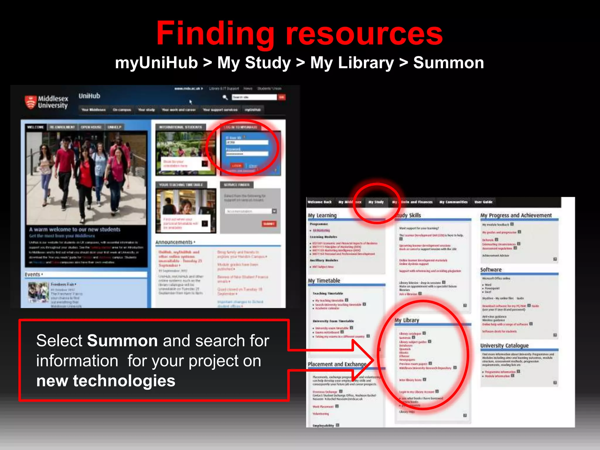 Finding resources
myUniHub > My Study > My Library > Summon

Select Summon and search for
information for your project on
new technologies

 