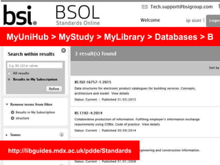 IEEE Standards
MyStudy > MyLibrary > Databases > I
http://libguides.mdx.ac.uk/pdde/Standards
 