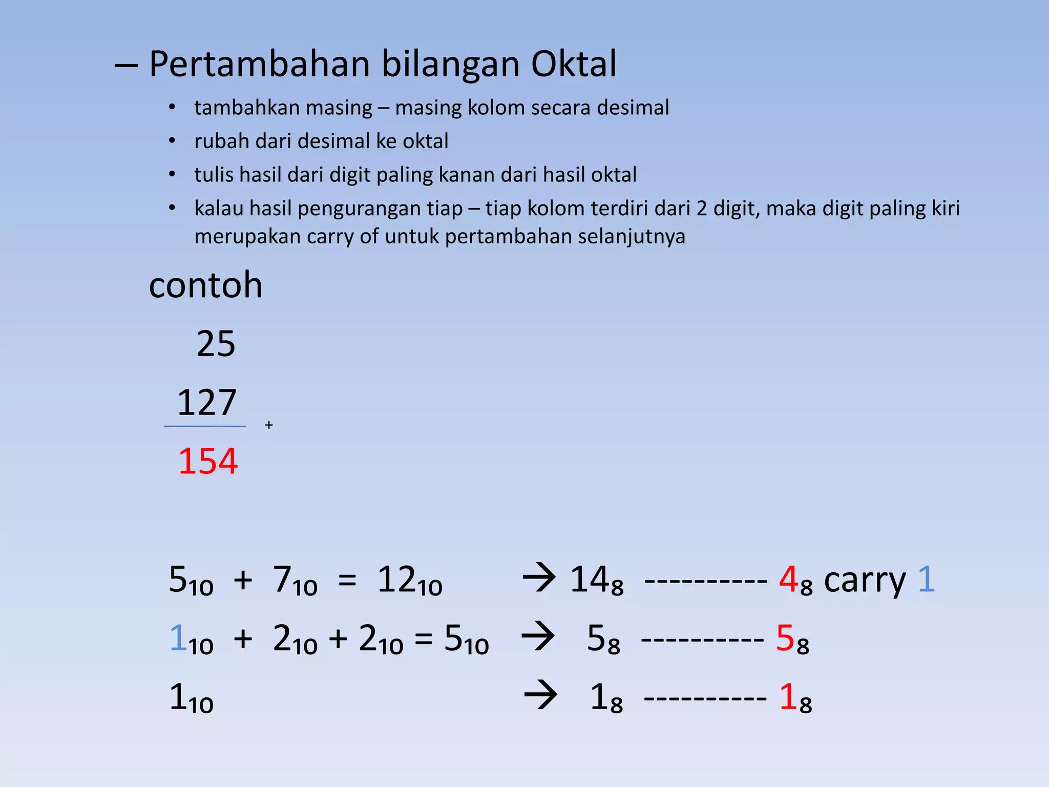 – Pertambahan bilangan Oktal
  •   tambahkan masing – masing kolom secara desimal
  •   rubah dari desimal ke oktal
  •   tulis hasil dari digit paling kanan dari hasil oktal
  •   kalau hasil pengurangan tiap – tiap kolom terdiri dari 2 digit, maka digit paling kiri
      merupakan carry of untuk pertambahan selanjutnya

 contoh
    25
  127 +
   154

  5₁₀ + 7₁₀ = 12₁₀       14₈ ---------- 4₈ carry 1
  1₁₀ + 2₁₀ + 2₁₀ = 5₁₀  5₈ ---------- 5₈
  1₁₀                    1₈ ---------- 1₈
 