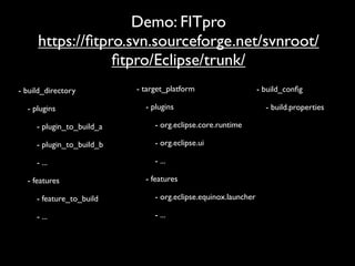 Demo: FITpro
     https://ﬁtpro.svn.sourceforge.net/svnroot/
                 ﬁtpro/Eclipse/trunk/
- build_directory          - target_platform                     - build_conﬁg

  - plugins                  - plugins                             - build.properties

     - plugin_to_build_a        - org.eclipse.core.runtime

     - plugin_to_build_b        - org.eclipse.ui

     - ...                      - ...

  - features                 - features

     - feature_to_build         - org.eclipse.equinox.launcher

     - ...                      - ...
 