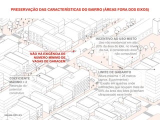 PRESERVAÇÃO DAS CARACTERÍSTICAS DO BAIRRO (ÁREAS FORA DOS EIXOS) 
Elaboração: SMDU, 2014 
NÃO HÁ EXIGÊNCIA DE 
NÚMERO MÍNIMO DE 
VAGAS DE GARAGEM 
COEFICIENTE 
MÁXIMO = 2 
Restrição do 
potencial 
construtivo 
INCENTIVO AO USO MISTO 
Uso não residencial em até 
20% da área do lote, no nível 
da rua, é considerado área 
não computável 
LIMITE DE GABARITO 
Altura máxima = 28 metros 
(aprox. 8 pavimentos) 
* Exceto em quadras onde 
edificações que ocupam mais de 
50% da área dos lotes já tenham 
ultrapassado esse limite 
 