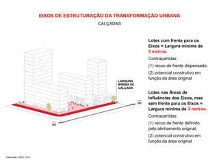 EIXOS DE ESTRUTURAÇÃO DA TRANSFORMAÇÃO URBANA 
CALÇADAS 
Elaboração: SMDU, 2014 
LARGURA 
MÍNIMA DE 
CALÇADA 
Lotes com frente para os 
Eixos = Largura mínima de 
5 metros. 
Contrapartidas: 
(1) recuo de frente dispensado; 
(2) potencial construtivo em 
função da área original 
Lotes nas Áreas de 
Influências dos Eixos, mas 
sem frente para os Eixos = 
Largura mínima de 3 metros. 
Contrapartidas: 
(1) recuo de frente definido 
pelo alinhamento original; 
(2) potencial construtivo em 
função da área original 
 