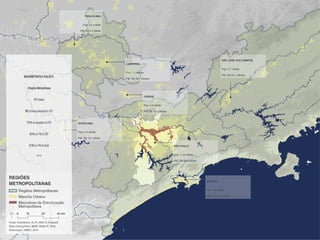 CAMPINAS 
Pop: 1,1 milhão 
PIB: R$ 36,7 bilhões 
JUNDIAÍ 
Pop: 0,4 milhão 
PIB: R$ 15,1 bilhões 
SÃO JOSÉ DOS CAMPOS 
Pop: 0,7 milhão 
PIB: R$ 24,1 bilhões 
SÃO PAULO 
Pop: 11,8 milhão 
PIB: R$ 389 bilhões 
SANTOS 
Pop: 0,4 milhão 
PIB: R$ 27,6 bilhões 
SOROCABA 
Pop: 0,6 milhão 
PIB: R$ 16,1 bilhão 
MACROMÉTROPOLE PAULISTA: 
4 Regiões Metropolitanas 
173 Cidades 
50% da área urbanizada do ESP 
73.3% da população do ESP 
83.4% do PIB do ESP 
27.6% do PIB do Brasil 
(2010) 
PIRACICABA 
Pop: 0,4 milhão 
PIB: R$ 9,6 bilhão 
 