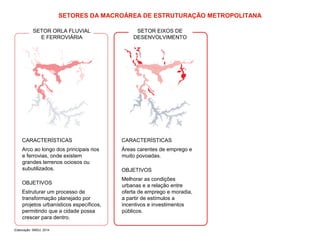 SETORES DA MACROÁREA DE ESTRUTURAÇÃO METROPOLITANA 
SETOR EIXOS DE 
DESENVOLVIMENTO 
CARACTERÍSTICAS 
Áreas carentes de emprego e 
muito povoadas. 
OBJETIVOS 
Melhorar as condições 
urbanas e a relação entre 
oferta de emprego e moradia, 
a partir de estímulos a 
incentivos e investimentos 
públicos. 
SETOR ORLA FLUVIAL 
E FERROVIÁRIA 
CARACTERÍSTICAS 
Arco ao longo dos principais rios 
e ferrovias, onde existem 
grandes terrenos ociosos ou 
subutilizados. 
OBJETIVOS 
Estruturar um processo de 
transformação planejado por 
projetos urbanísticos específicos, 
permitindo que a cidade possa 
crescer para dentro. 
Elaboração: SMDU, 2014 
 