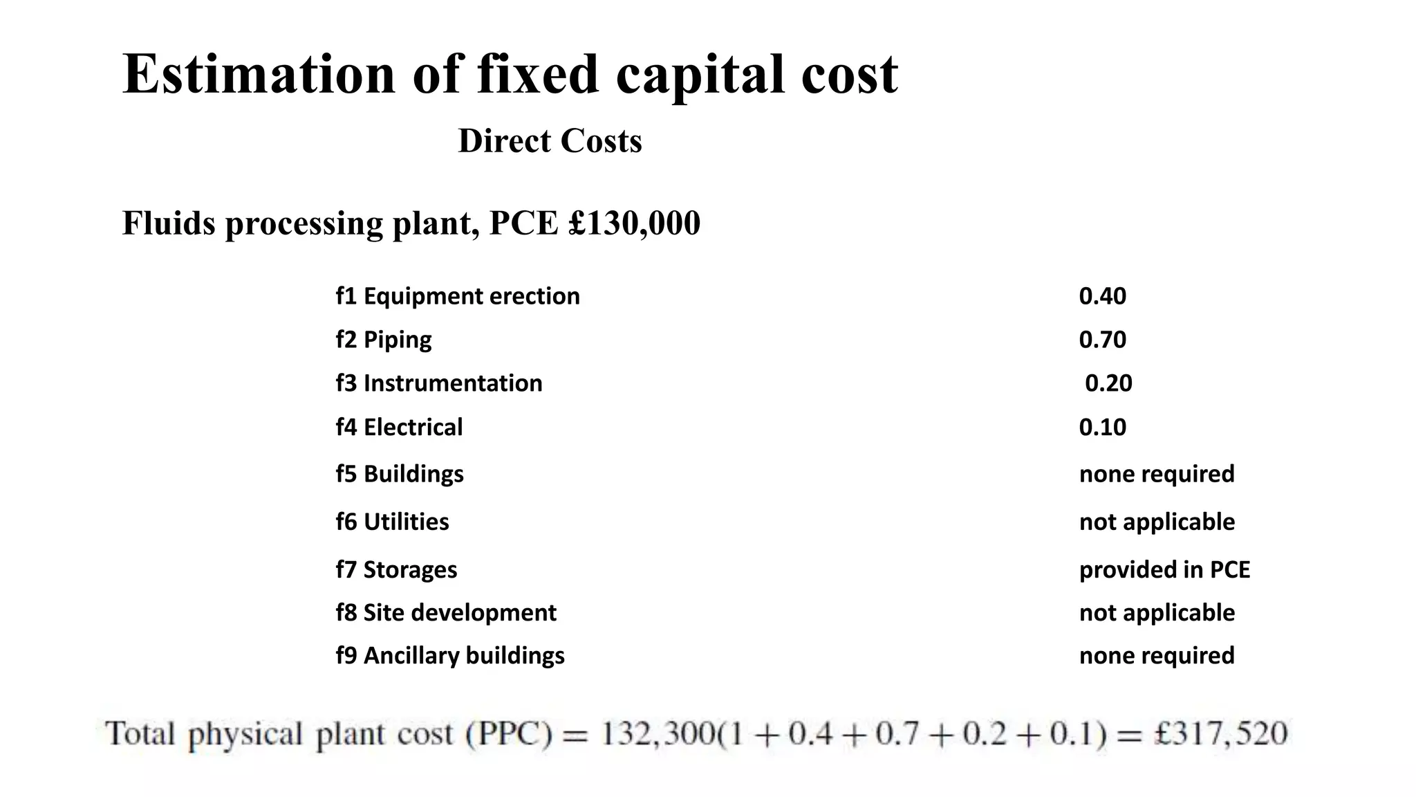 Estimation of fixed capital cost
Direct Costs
Fluids processing plant, PCE £130,000
f1 Equipment erection 0.40
f3 Instrumentation 0.20
f4 Electrical 0.10
f5 Buildings none required
f6 Utilities not applicable
f7 Storages provided in PCE
f8 Site development not applicable
f9 Ancillary buildings none required
f2 Piping 0.70
 