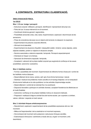 4. CONTINGUTS. ESTRUCTURA I CLASSIFICACIÓ.
ÀREA D’EDUCACIÓ FÍSICA.
1er CICLE
Bloc 1. El cos: imatge i percepció
– Estructura corporal. Utilització, percepció, identificació i representació del propi cos.
– Parts del cos i la seua intervenció en el moviment.
– Coordinació dinàmica general i segmentària.
– Possibilitats sensorials (vista, oïda, tacte). Experimentació, exploració i discriminació de les
sensacions.
– Presa de consciència del propi cos en relació amb la tensió, la relaxació i la respiració.
– Experimentació de postures corporals diferents.
– Afirmació de la lateralitat.
– Experimentació de situacions d'equilibri i desequilibri estàtic i dinàmic: sense objectes, sobre
objectes estables, portant un objecte en situacions simples.
– Nocions associades a relacions espacials i temporals. Percepció espaciotemporal.
– Orientació en l'espai i en el temps.
– Apreciació de dimensions espacials i temporals.
– Acceptació i valoració de la pròpia realitat corporal que augmenta la confiança en les seues
possibilitats: autonomia i autoestima.
Bloc 2. Habilitats motrius
– Formes i possibilitats del moviment. Experimentació de diferents formes d'execució i control de
les habilitats motrius bàsiques.
– Desenrotllament de la marxa, carrera, salt i girs d'una forma harmoniosa i natural.
– Destresa i resolució de problemes motors senzills en el maneig d'objectes i en la manipulació
d'instruments habituals en la vida quotidiana i en les activitats d'aprenentatge escolar.
– Desenrotllament i control de la motricitat fina i la coordinació.
– Disposició favorable a participar en activitats diverses, acceptant l'existència de diferències en
el nivell d'habilitat.
– Autonomia i confiança en les pròpies habilitats motrius en situacions habituals.
– Preparació i realització d'alguna activitat fora del recinte escolar, per a apredre a conéixer,
valorar, disfrutar i respectar el medi natural.
Bloc 3. Activitats físiques artisticoexpressives
– Descobriment, exploració i experimentació de les possibilitats expressives del cos i del
moviment.
– Millora de l'espontaneïtat i de la creativitat en el moviment expressiu.
– Sincronització del moviment amb pulsacions i estructures rítmiques senzilles.
– Exteriorització d'emocions i sentiments a través del cos, el gest i el moviment, amb
desinhibició.
 