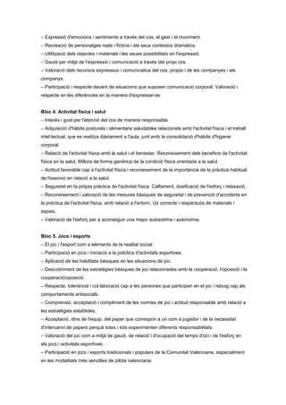 – Expressió d'emocions i sentiments a través del cos, el gest i el moviment.
– Recreació de personatges reals i ficticis i els seus contextos dramàtics.
– Utilització dels objectes i materials i les seues possibilitats en l'expressió.
– Gaudi per mitjà de l'expressió i comunicació a través del propi cos.
– Valoració dels recursos expressius i comunicatius del cos, propis i de les companyes i els
companys.
– Participació i respecte davant de situacions que suposen comunicació corporal. Valoració i
respecte en les diferències en la manera d'expressar-se.
Bloc 4. Activitat física i salut
– Interés i gust per l'atenció del cos de manera responsable.
– Adquisició d'hàbits posturals i alimentaris saludables relacionats amb l'activitat física i el treball
intel·lectual, que es realitza diàriament a l'aula, junt amb la consolidació d'hàbits d'higiene
corporal.
– Relació de l'activitat física amb la salut i el benestar. Reconeixement dels beneficis de l'activitat
física en la salut. Millora de forma genèrica de la condició física orientada a la salut.
– Actitud favorable cap a l'activitat física i reconeixement de la importància de la pràctica habitual
de l'exercici en relació a la salut.
– Seguretat en la pròpia pràctica de l'activitat física. Calfament, dosificació de l'esforç i relaxació.
– Reconeixement i valoració de les mesures bàsiques de seguretat i de prevenció d'accidents en
la pràctica de l'activitat física, amb relació a l'entorn. Ús correcte i respectuós de materials i
espais.
– Valoració de l'esforç per a aconseguir una major autoestima i autonomia.
Bloc 5. Jocs i esports
– El joc i l'esport com a elements de la realitat social.
– Participació en jocs i iniciació a la pràctica d'activitats esportives.
– Aplicació de les habilitats bàsiques en les situacions de joc.
– Descobriment de les estratègies bàsiques de joc relacionades amb la cooperació, l'oposició i la
cooperació/oposició.
– Respecte, tolerància i col·laboració cap a les persones que participen en el joc i rebuig cap als
comportaments antisocials.
– Comprensió, acceptació i compliment de les normes de joc i actitud responsable amb relació a
les estratègies establides.
– Acceptació, dins de l'equip, del paper que correspon a un com a jugador i de la necessitat
d'intercanvi de papers perquè totes i tots experimenten diferents responsabilitats.
– Valoració del joc com a mitjà de gaudi, de relació i d'ocupació del temps d'oci i de l'esforç en
els jocs i activitats esportives.
– Participació en jocs i esports tradicionals i populars de la Comunitat Valenciana, especialment
en les modalitats més senzilles de pilota valenciana.
 