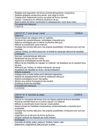 Realitza amb seguretat i de forma correcta llançaments i recepcions
Realitza golpejos consecutius sense que caiga el móvil.
Colpeja amb implements contra una paret de forma correcta
Llança i recepciona en diferents situacions de joc.
Bota la pilota de forma coordinada en desplaçament i amb dues mans
Competències bàsiques:
1-5-6-7-8
UNITAT Nº: 7 “Jocs de bat i camp” CURS:4t
Objectius:
Desenvolupar els colpejos amb un material.
Conèixer les característiques i estratègies d’aquests jocs.
Elaborar estratègies per a millorar la pràctica dels jocs.
Millorar la coordinació òculo-manual.
Acceptar les normes dels jocs i les pròpies possibilitats i limitacions així com els
resultats
Valorar l’esforç, la millora personal i el treball en equip per damunt de resultats
Continguts:
Normes i característiques dels jocs.
Realització de jocs de bat i camp.
Elaboració d’estratègies durant els jocs.
Millora de les habilitats de colpejar un material i de desplaçar-se en aquests tipus
de jocs.
Motivació per l’esforç, la millora individual i de equip
Acceptació de resultats en el joc i de les limitacions
Criteris evaluació:
Colpeja amb un bate pilotes amb diferents trajectòries.
Adapta els desplaçaments durant la realització dels jocs.
Elabora estratègies de joc i les aplica.
Mostra una actitud d’acceptació del resultat
S’esforça durant les activitats
Competències bàsiques:
1,2,3,5,6,8
UNITAT Nº: 8 “Activitats de platja” CURS:4t
Objectius:
Educar en l’ocupació del temps d’oci en l’época estival de forma saludable
Practicar activitat física en un entorn natural i no habitual
Millorar la coordinació òculo-manual i óculo-pèdica
Desenvolupar les habilitats manipulatives contextualitzades a aquests tipus
d’activitats.
Acceptar les normes dels jocs i les pròpies possibilitats i limitacions així com els
resultats
Organitzar-se en els jocs de forma autònoma
Adoptar actituds de respecte pel medi ambient
Continguts:
Activitats de platja: pales, petanca, fresbee, futbol, volei
Elaboració i organització dels jocs per si soles
 