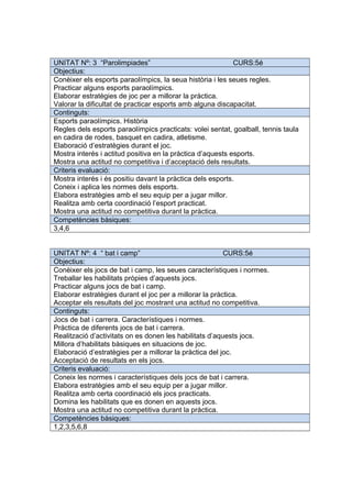 UNITAT Nº: 3 “Parolimpiades” CURS:5é
Objectius:
Conèixer els esports paraolímpics, la seua història i les seues regles.
Practicar alguns esports paraolímpics.
Elaborar estratègies de joc per a millorar la pràctica.
Valorar la dificultat de practicar esports amb alguna discapacitat.
Continguts:
Esports paraolímpics. Història
Regles dels esports paraolímpics practicats: volei sentat, goalball, tennis taula
en cadira de rodes, basquet en cadira, atletisme.
Elaboració d’estratègies durant el joc.
Mostra interés i actitud positiva en la pràctica d’aquests esports.
Mostra una actitud no competitiva i d’acceptació dels resultats.
Criteris evaluació:
Mostra interés i és positiu davant la pràctica dels esports.
Coneix i aplica les normes dels esports.
Elabora estratègies amb el seu equip per a jugar millor.
Realitza amb certa coordinació l’esport practicat.
Mostra una actitud no competitiva durant la pràctica.
Competències bàsiques:
3,4,6
UNITAT Nº: 4 “ bat i camp” CURS:5é
Objectius:
Conèixer els jocs de bat i camp, les seues característiques i normes.
Treballar les habilitats pròpies d’aquests jocs.
Practicar alguns jocs de bat i camp.
Elaborar estratègies durant el joc per a millorar la pràctica.
Acceptar els resultats del joc mostrant una actitud no competitiva.
Continguts:
Jocs de bat i carrera. Característiques i normes.
Pràctica de diferents jocs de bat i carrera.
Realització d’activitats on es donen les habilitats d’aquests jocs.
Millora d’habilitats bàsiques en situacions de joc.
Elaboració d’estratègies per a millorar la pràctica del joc.
Acceptació de resultats en els jocs.
Criteris evaluació:
Coneix les normes i característiques dels jocs de bat i carrera.
Elabora estratègies amb el seu equip per a jugar millor.
Realitza amb certa coordinació els jocs practicats.
Domina les habilitats que es donen en aquests jocs.
Mostra una actitud no competitiva durant la pràctica.
Competències bàsiques:
1,2,3,5,6,8
 