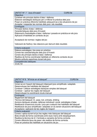 UNITAT Nº: 7 “Jocs d'invasió” CURS:5é
Objectius:
Conèixer els principis tàctics d’atac i defensa
Elaborar estratégies tàctiques per a millorar la pràctica dels jocs
Posar en pràctica diferents habilitats adequant-se a les situacions de joc
Acceptar i respectar les normes dels jocs i els resultats
Continguts:
Principis tàctics d’atac i defensa
Característiques dels jocs d’invasió
Elaboració d’estratègies d’atac i defensa i posada en pràctica en els jocs
Aplicació d’habilitats en contexts de joc
Acceptació de normes i regles del joc
Valoració de l'esforç i les relacions per damunt dels resultats
Criteris evaluació:
Elabora estratègies i les posa en pràctica
Coneix les característiques dels jocs d’invasió
Coneix els principis tàctics d’atac i defensa
Realitza de forma coordinada habilitats en diferents contexts de joc
Mostra actituds esportives durant els jocs
Competències bàsiques:
3,5,6,7,8
UNITAT Nº:8 “M’inicie en el bàsquet” CURS:5é
Objectius:
Iniciar-se en l’esport del bàsquet mitjançant jocs simplificats i adaptats
Desenvolupar les habilitats del bàsquet
Conèixer i utilitzar estratègies tàctiques simples del bàsquet
Conèixer i aplicar les regles del bàsquet
Desenvolupar la coordinació óculo-manual
Continguts:
Reglament del bàsquet
Tècnica del bàsquet: tir, pase, bot, entrada, dribling
Accions tàctiques simples: defensa individual i zonal, estratègies d’atac
Realització d’exercicis,circuits i jocs per a adquirir les habilitats del bàsquet
Realització de jocs simplificats i adaptats on es donen situacions del bàsquet
Acceptacio i aplicació de les regles de l’esport
Criteris evaluació:
Coneix i aplica durant el joc les regles més bàsiques del bàsquet
Bota el baló de forma coordinada amb dues mans amb desplaçament.
Realitza la tècnica de tir i l’entrada a canastra de forma correcta.
Coneix diferents tipus de pase i els realitza de forma correcta.
Posa en pràctica les habilitats en situacions de joc
 