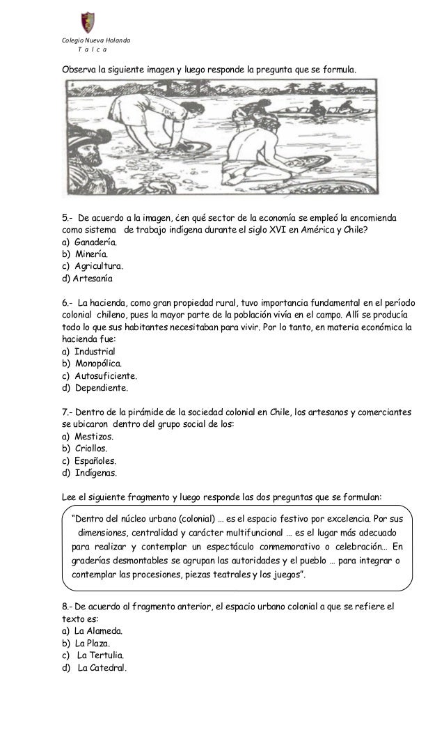 PRUEBA QUINTO BÁSICO PERIODO COLONIAL