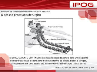Princípios de Dimensionamento em Estruturas Metálicas
O aço e o processo siderúrgico
No LINGOTAMENTO CONTÍNUO o aço líquido passa da panela para um recipiente
de distribuição que o libera para moldes na forma de placas, blocos e tarugos,
transportados em uma esteira até a sua completa solidificação (SILVA, 2010).
 