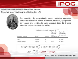 Por questões de conveniência, certas unidades derivadas
coerentes receberam nomes e símbolos especiais, que podem
ser usados em combinação com unidades base do SI para
expressar outras grandezas derivadas.
Princípios de Dimensionamento em Estruturas Metálicas
Sistema Internacional de Unidades - SI
 