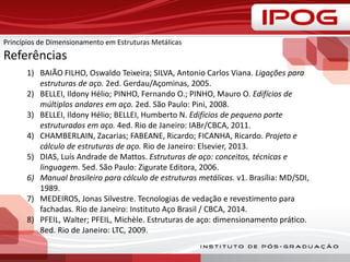 Princípios de Dimensionamento em Estruturas Metálicas
Referências
1) BAIÃO FILHO, Oswaldo Teixeira; SILVA, Antonio Carlos Viana. Ligações para
estruturas de aço. 2ed. Gerdau/Açominas, 2005.
2) BELLEI, Ildony Hélio; PINHO, Fernando O.; PINHO, Mauro O. Edifícios de
múltiplos andares em aço. 2ed. São Paulo: Pini, 2008.
3) BELLEI, Ildony Hélio; BELLEI, Humberto N. Edifícios de pequeno porte
estruturados em aço. 4ed. Rio de Janeiro: IABr/CBCA, 2011.
4) CHAMBERLAIN, Zacarias; FABEANE, Ricardo; FICANHA, Ricardo. Projeto e
cálculo de estruturas de aço. Rio de Janeiro: Elsevier, 2013.
5) DIAS, Luís Andrade de Mattos. Estruturas de aço: conceitos, técnicas e
linguagem. 5ed. São Paulo: Zigurate Editora, 2006.
6) Manual brasileiro para cálculo de estruturas metálicas. v1. Brasília: MD/SDI,
1989.
7) MEDEIROS, Jonas Silvestre. Tecnologias de vedação e revestimento para
fachadas. Rio de Janeiro: Instituto Aço Brasil / CBCA, 2014.
8) PFEIL, Walter; PFEIL, Michèle. Estruturas de aço: dimensionamento prático.
8ed. Rio de Janeiro: LTC, 2009.
 