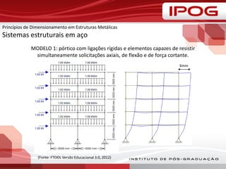6mm
MODELO 1: pórtico com ligações rígidas e elementos capazes de resistir
simultaneamente solicitações axiais, de flexão e de força cortante.
(Fonte: FTOOL Versão Educacional 3.0, 2012)
Princípios de Dimensionamento em Estruturas Metálicas
Sistemas estruturais em aço
 
