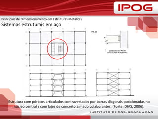 Estrutura com pórticos articulados contraventados por barras diagonais posicionadas no
núcleo central e com lajes de concreto armado colaborantes. (Fonte: DIAS, 2006).
Princípios de Dimensionamento em Estruturas Metálicas
Sistemas estruturais em aço
 