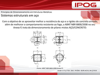 (Fonte: ABNT NBR 8800:2008 Anexo P).
Com o objetivo de se aproveitar melhor a resistência do aço e a rigidez do concreto armado,
além de melhorar o comportamento resistente ao fogo, a ABNT NBR 8800/2008 no seu
Anexo P, trata do dimensionamento de pilares mistos AÇO/CONCRETO:
Princípios de Dimensionamento em Estruturas Metálicas
Sistemas estruturais em aço
 