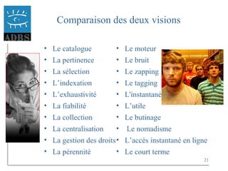 21
Comparaison des deux visions
• Le catalogue
• La pertinence
• La sélection
• L’indexation
• L’exhaustivité
• La fiabilité
• La collection
• La centralisation
• La gestion des droits
• La pérennité
• Le moteur
• Le bruit
• Le zapping
• Le tagging
• L'instantané
• L’utile
• Le butinage
• Le nomadisme
• L’accès instantané en ligne
• Le court terme
 