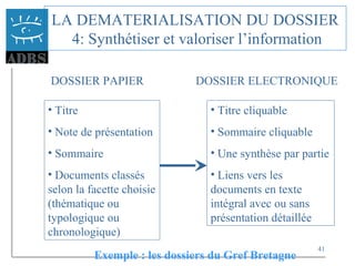 41
LA DEMATERIALISATION DU DOSSIER
4: Synthétiser et valoriser l’information
DOSSIER PAPIER DOSSIER ELECTRONIQUE
• Titre
• Note de présentation
• Sommaire
• Documents classés
selon la facette choisie
(thématique ou
typologique ou
chronologique)
• Titre cliquable
• Sommaire cliquable
• Une synthèse par partie
• Liens vers les
documents en texte
intégral avec ou sans
présentation détaillée
Exemple : les dossiers du Gref Bretagne
 