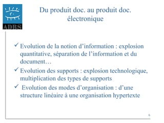 6
Du produit doc. au produit doc.
électronique
Evolution de la notion d’information : explosion
quantitative, séparation de l’information et du
document…
Evolution des supports : explosion technologique,
multiplication des types de supports
 Evolution des modes d’organisation : d’une
structure linéaire à une organisation hypertexte
 