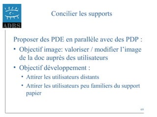 69
Concilier les supports
Proposer des PDE en parallèle avec des PDP :
• Objectif image: valoriser / modifier l’image
de la doc auprès des utilisateurs
• Objectif développement :
• Attirer les utilisateurs distants
• Attirer les utilisateurs peu familiers du support
papier
 